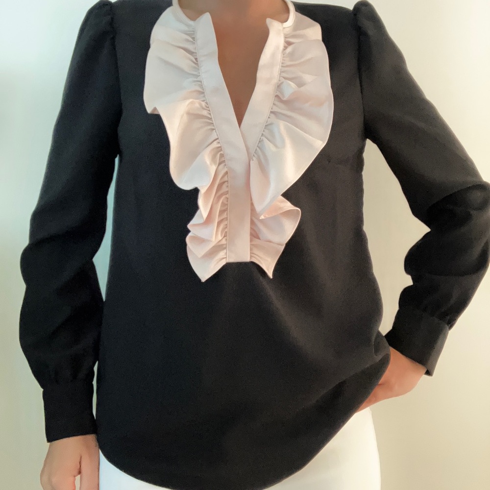 J.Crew Black Blouse with Ruffle Front, NWT Size: XXS
